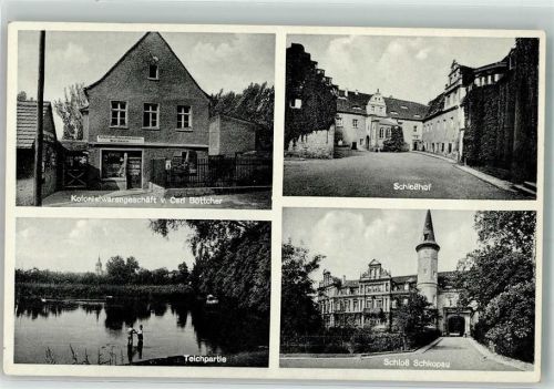 06258 O4212 Schkopau Foto AK Kolonialwaren Böttcher Schloß Schloßhof Teich