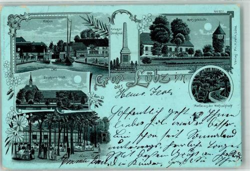 19386 O2860 Lübz 1899 Lithographie / Mondschein Hafen Kriegerdenkmal Amtsgebäude Wolfsschlucht Sophien Stift Gasthaus Neuer Teich