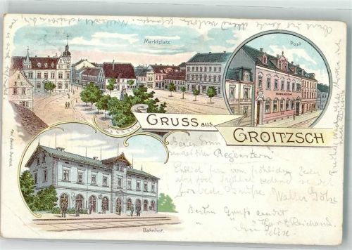 Groitzsch 1900 Lithographie Bahnhof Marktplatz Post