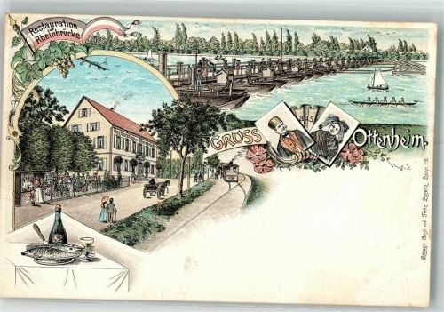 77963 W7635 Ottenheim , Schwarzw Lithographie Trachten Gasthaus zur Rheinbrücke Fischteller Schiffsbrücke