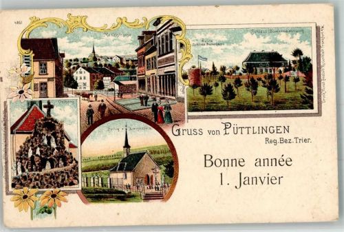 Püttlingen 1918 Lithographie Heilig-Kreuzkapelle Oelberg Marktstraße Schloss