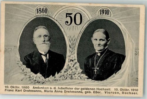 Viersen Goldene Hochzeitsfeier 1. Okt. 1910 Portrait Franz Karl Drehmanns und Maria Anna Drehmanns Leim löst sich