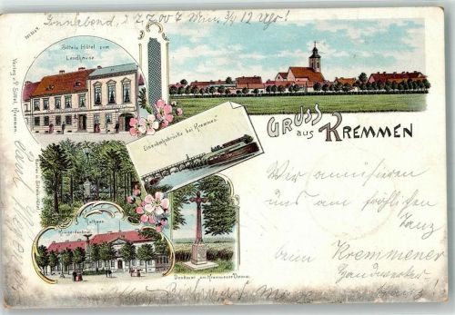 Kremmen 1900 Lithographie Hotel zum Landhause Eisenbahnbrücke Rathaus