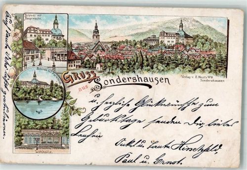 Sondershausen 1895 Lithographie Vorläufer Schloss Schlossteich Hauptwache Lohhalle