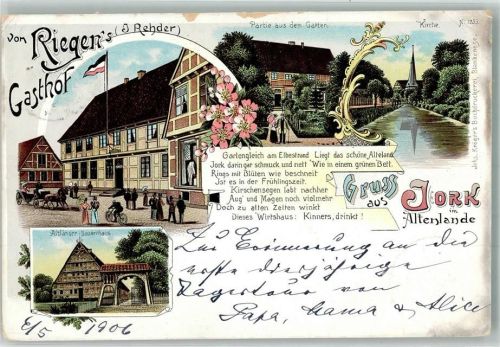 Jork 1906 Lithographie Altländer Bauernhaus Gasthaus Riegen Gedicht Sammlung Lachmund