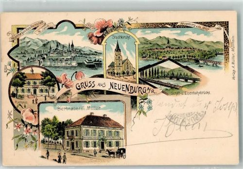 Neuenburg 1901 Bierbrauerei Müller Stadtkirche Rathaus Schiff- u. Eisenbahnbrücke Bahnpost Müllhausen-