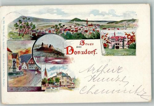 73072 W7322 Donzdorf 1902 Lithographie Gasthaus Krone Marktplatz Schloss