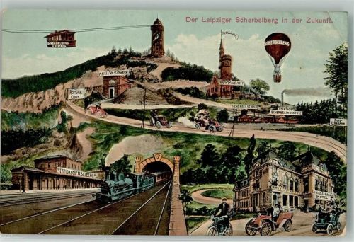 Leipzig 1912 Scherbelberg Ballon Seilbahn Automobil Eisenbahn