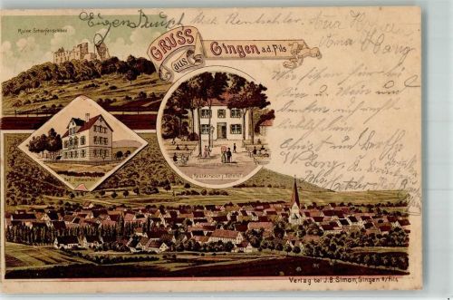 Gingen 1901 Lithographie Gasthaus zum Bahnof Bad Hohenstein Ruine Scharfenschloss beshnitten