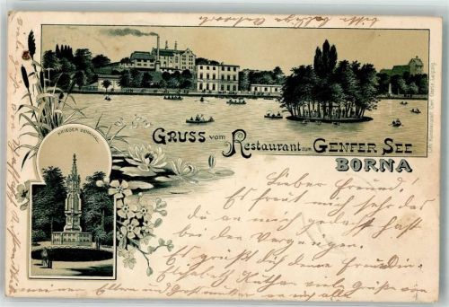 Borna 1899 Gasthaus Zum Genfer See Kriegerdenkmal Bahnpost Leipzig Zug 208