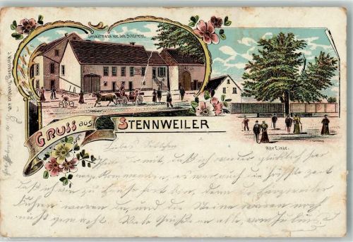 66578 W6685 Stennweiler 1903 Gebrauchsspuren Lithographie Alte Linde Geschäftshaus v. Joh. Schlemm diverse Büge