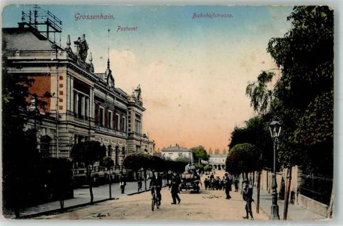 01558 O8280 Großenhain , Sachs 1915 Gebrauchsspuren Bahnhofstraße Postamt Radfahrer