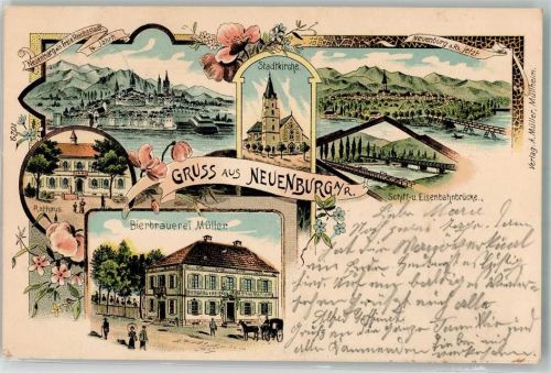 Neuenburg 1901 Bierbrauerei Müller Stadtkirche Rathaus Schiff- u. Eisenbahnbrücke