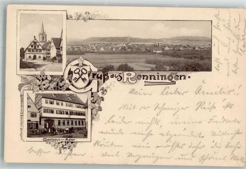 Renningen 1899 Stadtwappen Gasthaus zum Adler Kirchturm