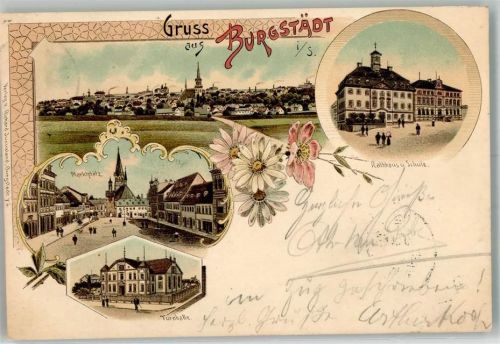 Burgstädt 1900 Marktplatz Rathaus Schule Turnhalle