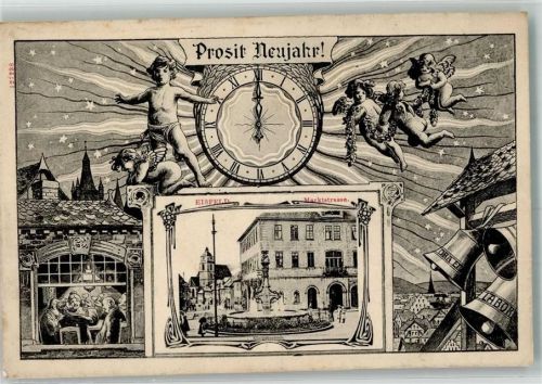 Eisfeld 1908 Marktstraße Königsbrunnen Glocken Engel 0 Uhr Mitternacht Neujahreskarte