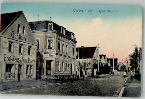 Coswig 1917 Hauptstrasse Conditorei-Bäckerei Gasthaus Zur Börse Rotkreuzstempel Lazarett zum Roten Kreuz