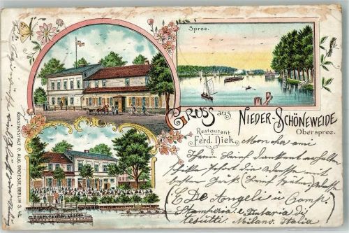 Niederschöneweide 1898 Lithographie Spree Gasthaus Diek Gartenwirtschaft