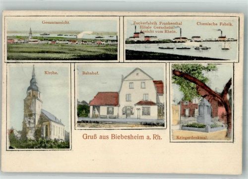 64584 W6083 Biebesheim am Rhein 1915 - Zuckerfabrik Kirche Bahnhof Chemische Fabrik Kriegerdenkmal Brief-Stempel