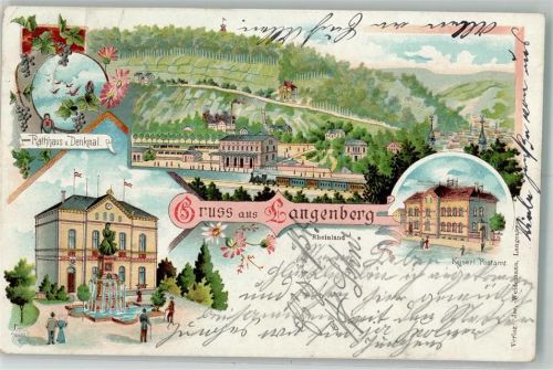 42549 W5620 Langenberg , Rheinl 1899 Lithographie Kais. Post Rathaus Denkmal Bahnhof