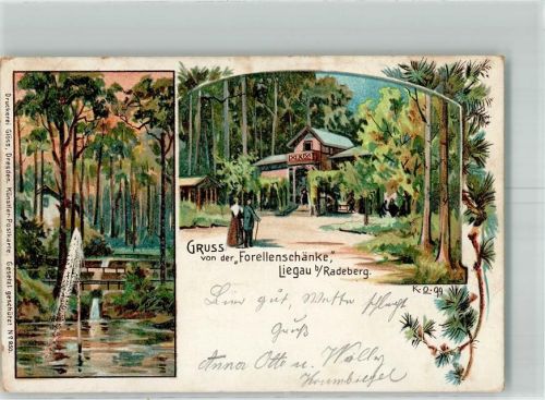 Liegau-Augustusbad 1900 Gasthaus Forellenschänke Waldteich Wasserfontaine sign. K.Q.
