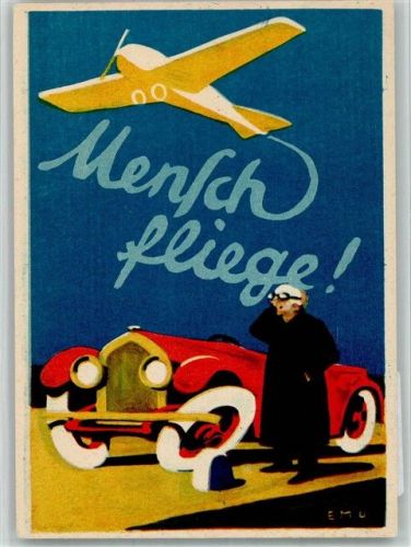 Breslau Mensch fliege , Schlesische Luftverkehrs AG Autopanne Flugzeug sign. EMU SST WIPA 1933 Kongresshaus Wien