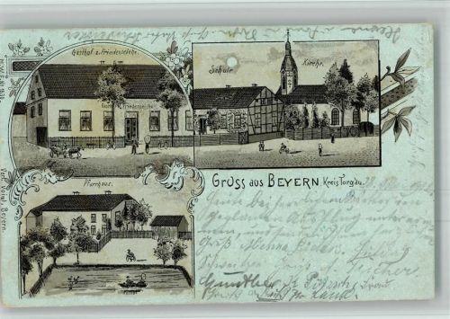 Beyern 1902 Lithographie Gasthaus zur Friedenseiche Schule Kirche Pfarrhaus