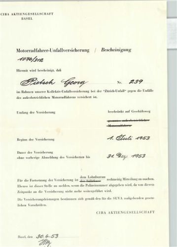 Basel Motorradfahrer-Unfallversicherungsbescheinigung von 1953 Ciba AG Zürich-Unfall