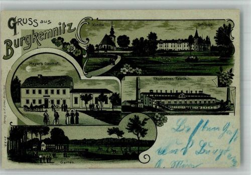 Burgkemnitz Lithographie Schloss Gasthaus Meyer Garten Tonröhren-Fabrik Monschein