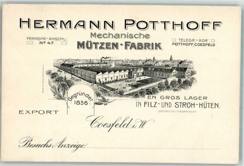48653 W4420 Coesfeld 1911 BOAKC Lithographie Besuchsanzeige Hermann Potthoff