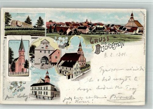 Bischofstein 1901 Denkmal Griftstein Ev. und Kath. Kirche Rathaus Heilsberger Tor Lithographie