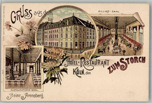 Köln Neustadt-Nord 104 Lithographie Hotel Gasthaus Zum Storch Heinr. Arensberg Billard