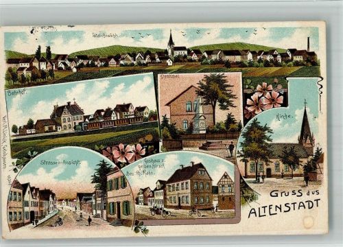Altenstadt 1914 Lithographie Bahnhof Dorfstrasse Gasthaus zum gelben Hirsch Denkmal Bahnpost Zug 505