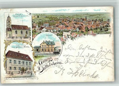 Dittelsheim 1898 Lithographie Kirche Kriegerdenkmal Gasthaus zum goldnen Hirsch Bahnhof