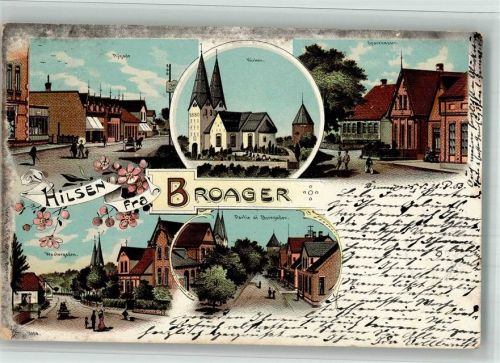 Broager 1903 Kirche Sparkasse Nygade Lithographie