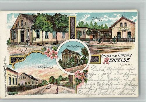 Rehfelde Lithographie Bahnhof Rehfelde Gasthaus Villa Kampfmeier Bahnhofstrasse Bahnpost-Stempel