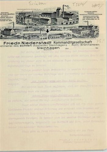 Steinhagen Geschäftsbrief von 1929 Friedr. Niederstadt Steinhger und Kornbrennerei