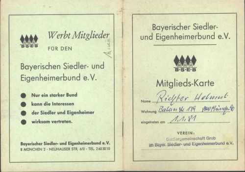 Grub Mitgliedskarte Bayrischer Siedler und Eigenheimerbund
