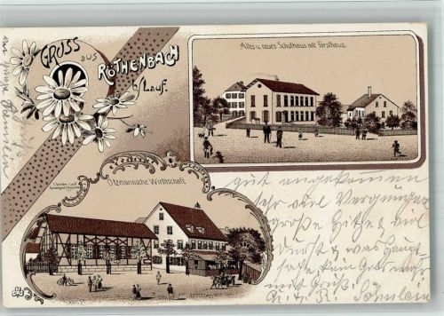 Röthenbach Lithographie Gasthaus Otzmann Altes und Neues Schulhaus Forsthaus