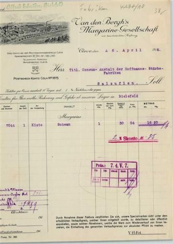 Cleve Rechnung von 1914 Van den Berghs Margarine