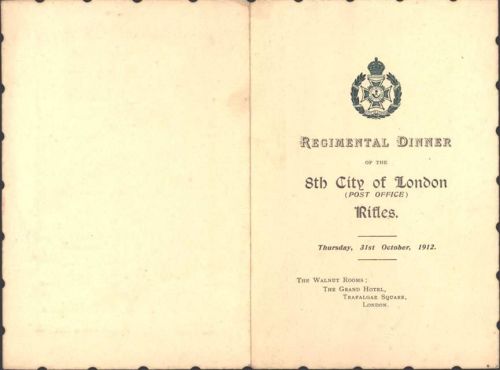London Regimental dinner of the 8th City of London Rifles 1912 Grand Hotel; KEINE AK, ca. 21x15,6 cm aufgeklappt