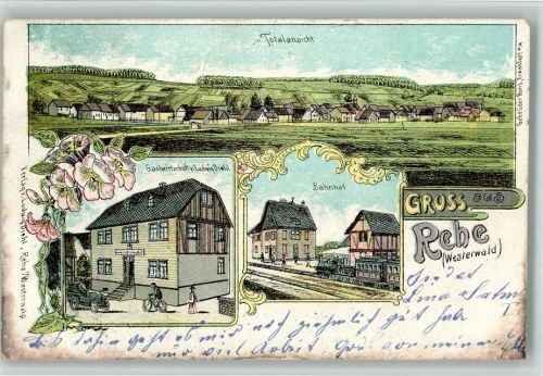 Rehe 1906 Gasthaus Ludwig Diehl Bahnhof Eisenbahn Lithographie