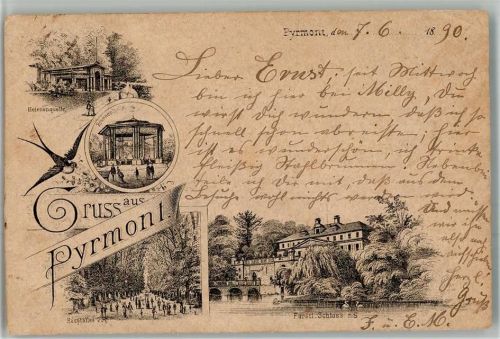 Bad Pyrmont 1890 Helenenquelle Brunnenhalle Schwalbe Hauptallee Fürstl. Schloss Lithographie
