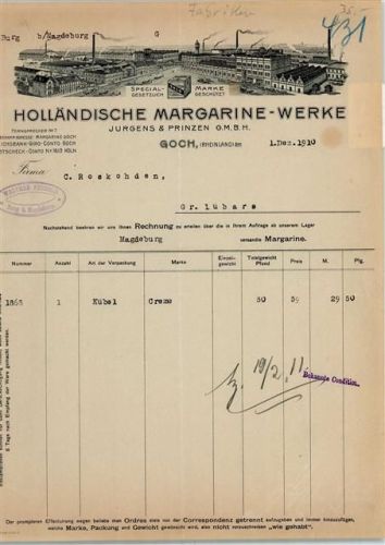 47574 W4180 Goch Briefkopf Rechnung von 1910 Holländische Margarine Werke Jurgens und Prinzen