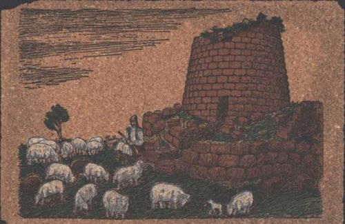 Nuraghe Santa Barbara Hirte in sardischer Tracht mit Schafen eine AK-Ecke beschädigt
