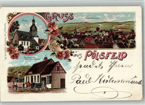 Pölsfeld 1901 Lithographie Gasthaus Siebenhüner Dorfkirche