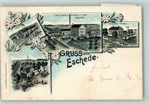 Eschede 1902 Geschäft F. Behn Dampfmühle Brodfabrik Sägewerk Kaiserl. Postamt Lithographie