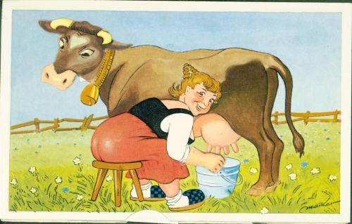 Kopf der Kuh und Melkhand beweglich