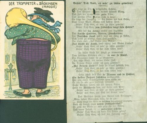Bad Säckingen 1900 eheimschlitz AK Bahnpost Nr 26 Applikation aufgeklebte Hose aus Papier Der Trompeter von Säckingen Parodie Text innliegend