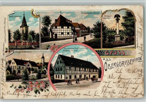 Liegnitz 1903 Obergörrisseiffen Ev. Kirche Kriegerdenkmal Gasthaus zum Deutschen Haus Lithographie